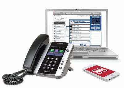Image of a desktop phone, laptop and mobile phone.