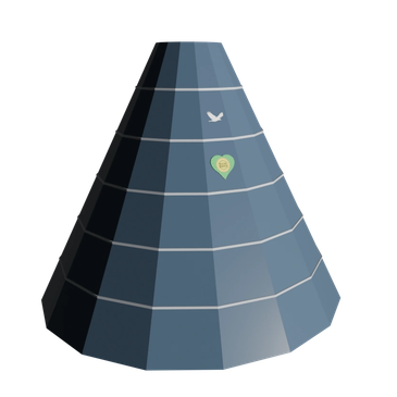3D model of a conical structure with icons.