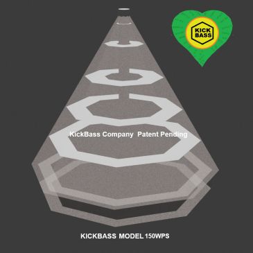 KickBass Model 150WPS speaker emitting sound waves.