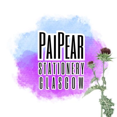 Logo with paipear stationery glasgow text and a thistle, with watercolour blue and purple background