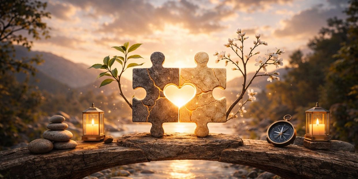 Two heart-shaped puzzle pieces glowing on a bridge at sunset.