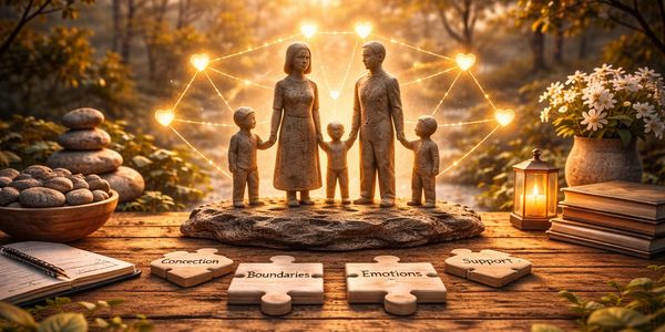 A family sculpture with glowing heart connections and puzzle pieces labeled connection, boundaries, emotions, support.