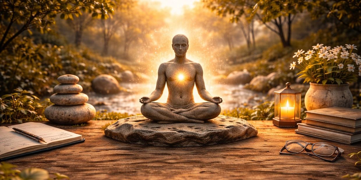 Meditative figure glowing with inner light beside nature and study items.