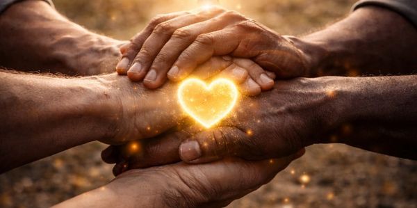 Multiple hands joined with a glowing heart symbolizing unity and love.