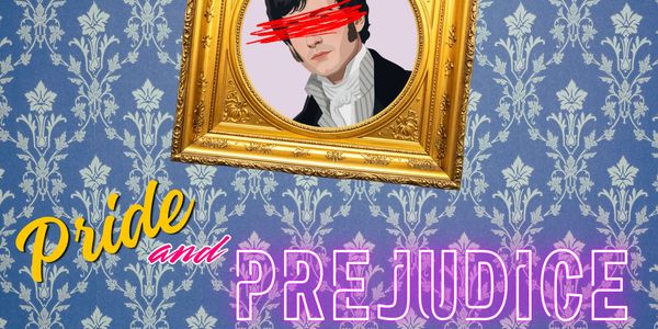 Stylized poster for Pride and Prejudice with a crossed-out portrait and decorative wallpaper.