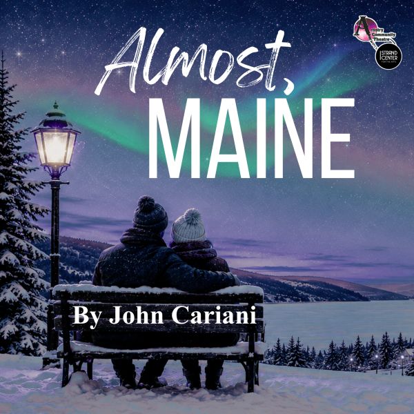 Couple on a snowy bench under northern lights for 'Almost, Maine' play.