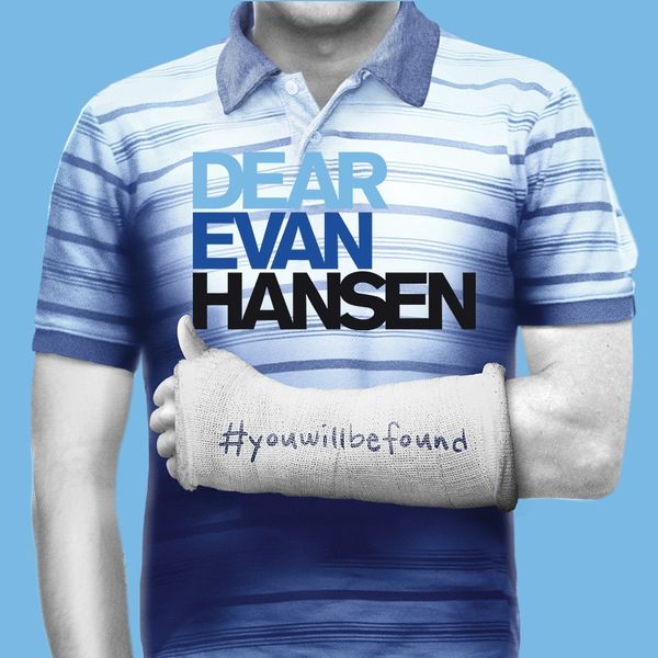 Dear Evan Hansen poster with cast in blue tones and cast white text.