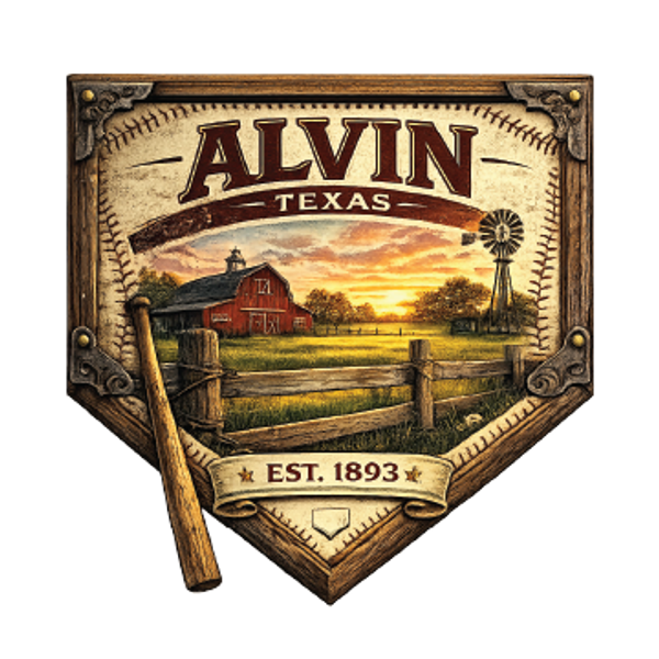 Alvin, Texas emblem featuring historic farming roots, barn, windmill and rural Texas heritage.