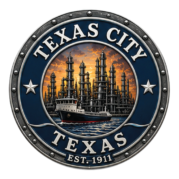 Texas City, Texas emblem featuring port industry, refineries, shipping and waterfront heritage.