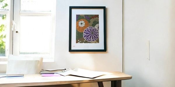 Modern Textile Art of Antique Embroidered Obi of colorful Chrysanthemums