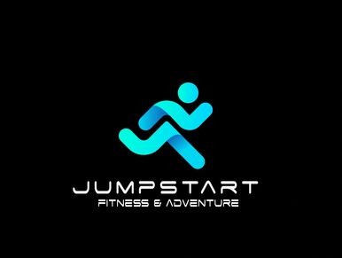 Modern logo for Jumpstart Fitness &amp; Adventure with dynamic figure in blue.