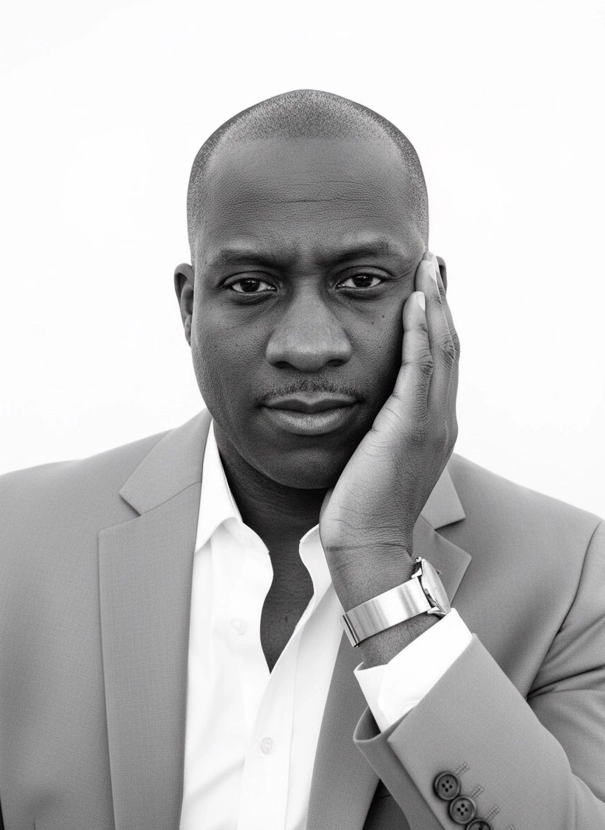 Black and white portrait of a man in a suit with hand on face.