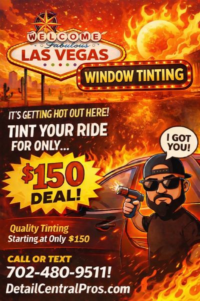 Las Vegas window tinting deal for $150 with fiery background and cartoon man.