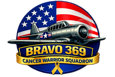 Logo of Bravo 369 Cancer Warrior Squadron with a vintage aircraft and American flag.