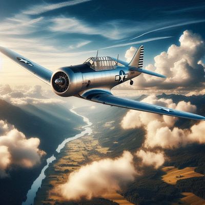 A vintage silver military airplane flying over a river valley at sunset.