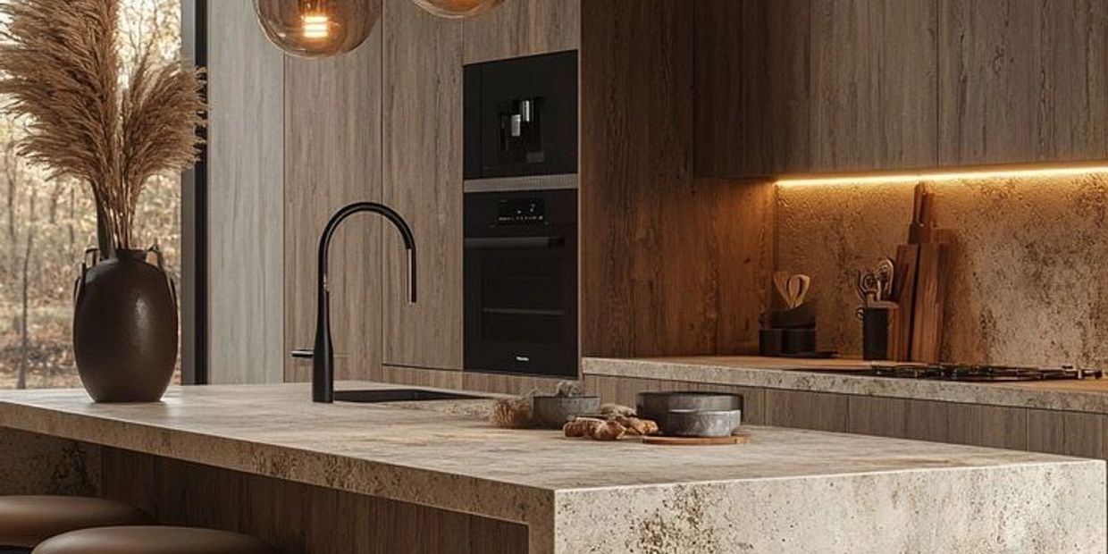 Modern kitchen with stone countertop and black fixtures.