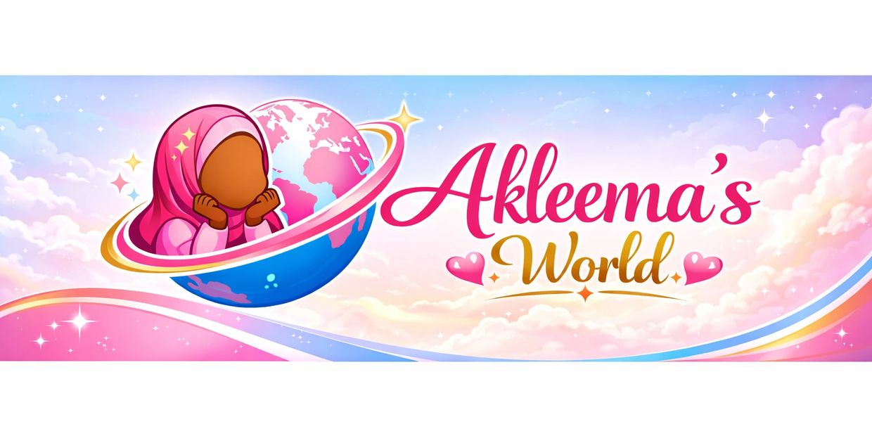 Colorful banner with a hijabi girl and the text 'Akleema's World' in a dreamy sky.