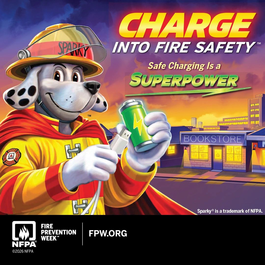 Sparky the fire dog promotes charging safety as a superpower.
