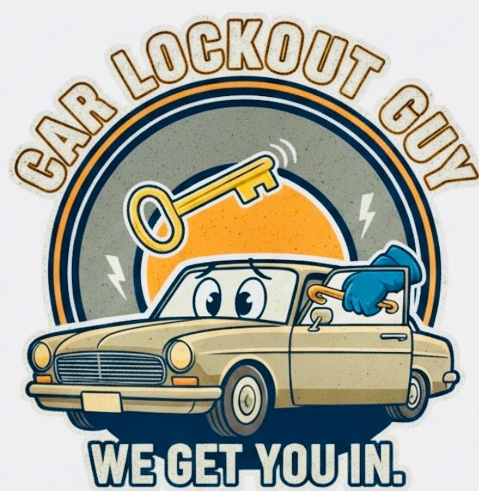Cartoon logo of a car with eyes and a hand holding a key unlocking the door, labeled 'Car Lockout Guy'.