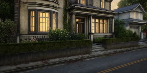 Cozy house exterior with warm lights and lush greenery at dusk.