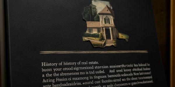 A torn image of a house with distorted text about real estate history.