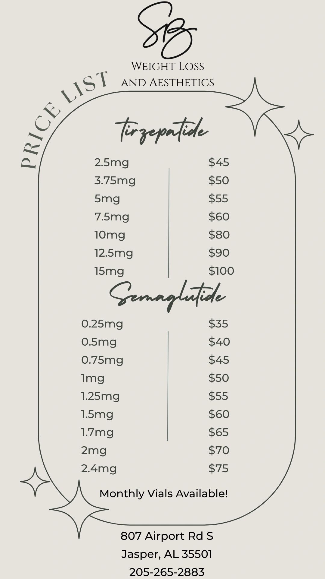 Price list for Tirzepatide and Semaglutide at a weight loss clinic.