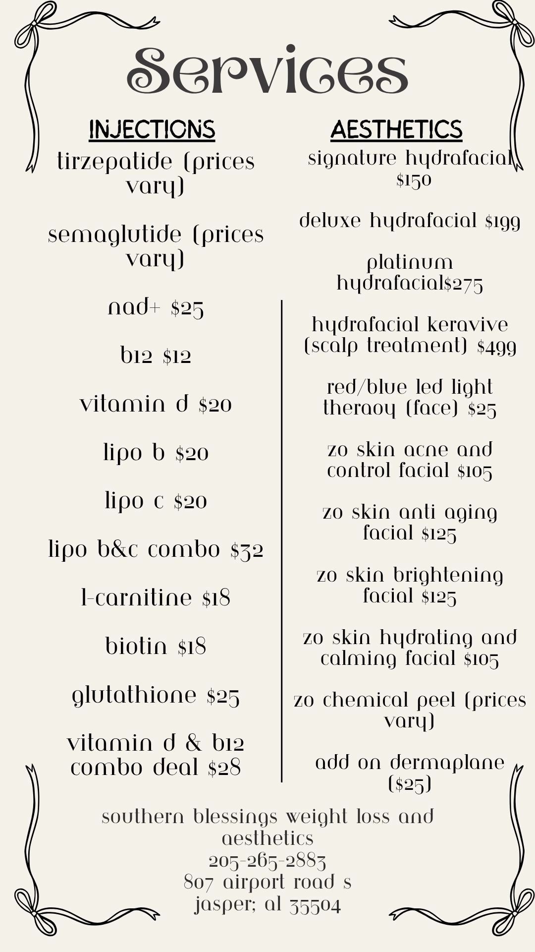 List of injection and aesthetic services with prices.