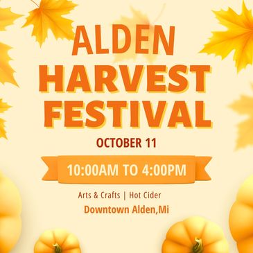 Alden Harvest Festival on October 11 with pumpkins and fall leaves.