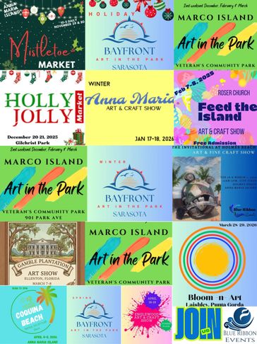 Collage of various art and craft show event posters in Florida from 2025 to 2026.
