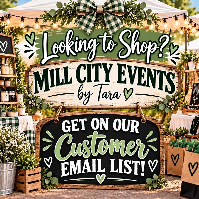 Decorative sign promoting Mill City Events' customer email list.
