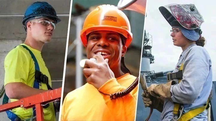 Three workers wearing safety gear in different industrial settings.