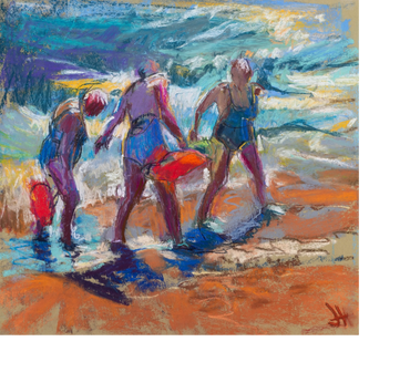 Soft pastel of a group of Sherringham sea swimmers seen while I was waiting for the fishermen.