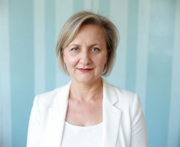 Confident woman in white blazer against a soft blue background.