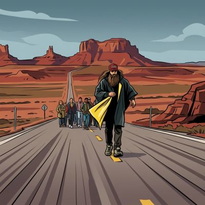 A man walks down a deserted road with a group following.