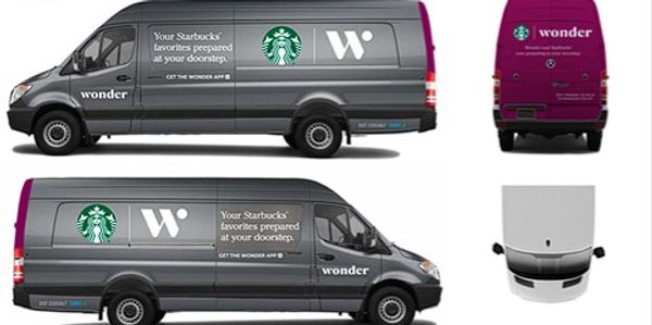 Delivery van mockup featuring Starbucks and Wonder branding for doorstep coffee service.