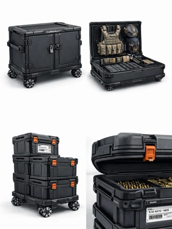 Durable black tactical and ammo storage cases with wheels and secure locks.