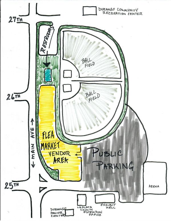 Hand-drawn map of Durango Community Recreation Center with flea market, ball fields, and parking.