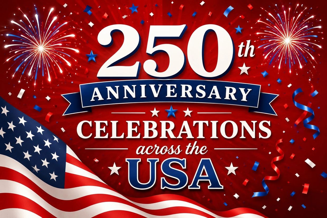250th anniversary celebrations across the USA with fireworks and flag.