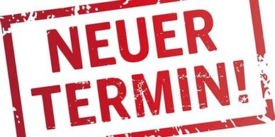Red stamp with the words Neuer Termin! on white background.