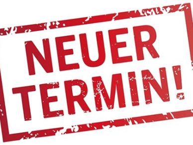 Red stamp with the words Neuer Termin! on white background.