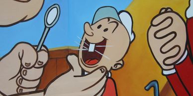 Cartoon character with a dental mirror and dentist hands.