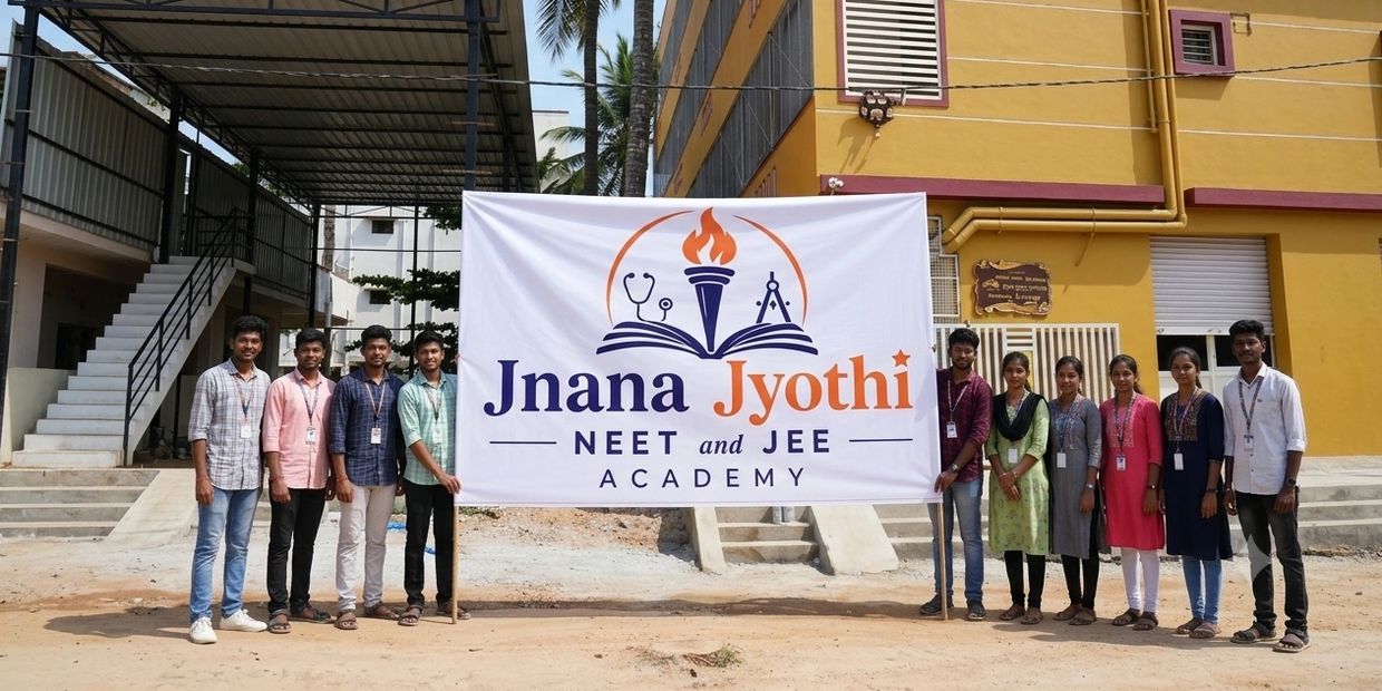 Students holding a banner of Jnana Jyothi NEET and JEE Academy outside a building.