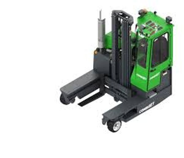 Green and black forklift with extended side arms for heavy lifting.