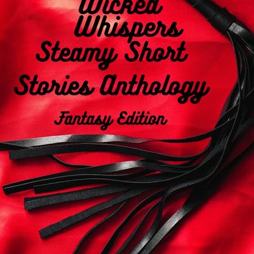A black leather whip on red satin with a steamy fantasy stories anthology title.