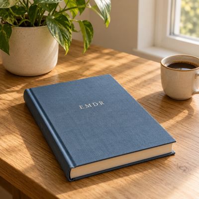 A blue EMDR book on a wooden table with a coffee cup and plant.