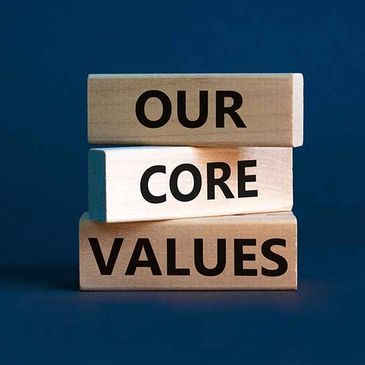 3 wooden building blocks that say our core values