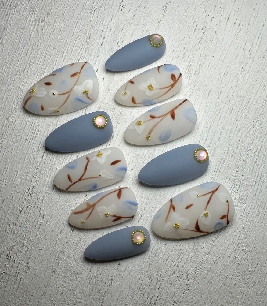 Blue and milky white floral nails, gel-x nails, hand-painted nails, custom nail art 