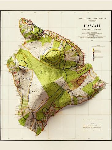 Topographic and geological map of the Island of Hawaii with color-coded elevation and features.