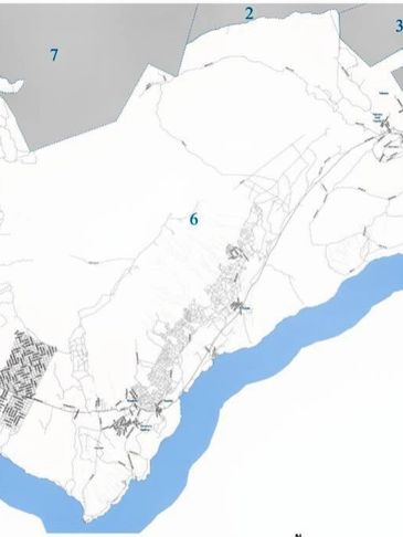 Map showing a region with a river and numbered zones.