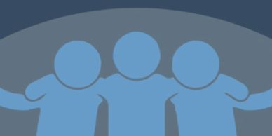 Illustration of three figures with arms around each other.